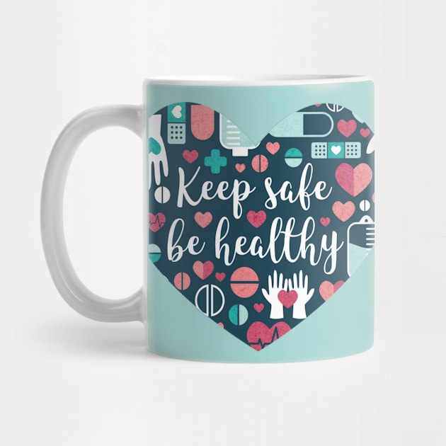 Keep safe be healthy // heart print // navy blue background aqua mint red white and coral medicine elements by SelmaCardoso